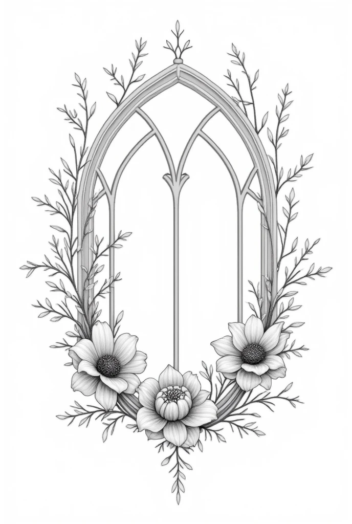 The church window is framed by fine, filigree flowers and delicate branches. These flowers are supposed to be small and delicate, winding gently around the window, without touching the window. The branches must not touch the window. The branches are elegantly curved, with small buds and many leaves, The flowers should not look too real, but they should be detailed..
The lines should be thin and detailed, to give the tattoo a delicate and elegant aesthetic. The picture should be black and white The branches, leaves and flowers must not touch the window Create a picture according to the description