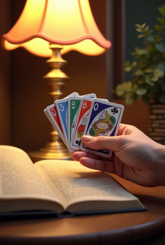 A hand holding playing cards and Uno cards and a lamp with a book underneath