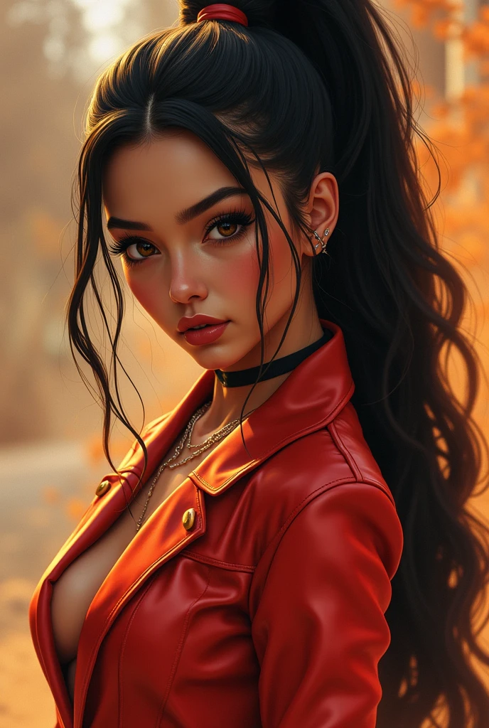 (Best Quality,4k,8k,High resolution,masterpiece:1.2),ultra detailed,(realist,photorealist,fotorrealista:1.37),1 girl,hip-hop style suit,High ponytail,incredibly long hair,cowgirl pose,looking at the viewer,Leaning forward,by Santiago Caruso,by Mike Azevedo,detailed eyes,detailed lips,extremely detailed face,long eyelashes,dynamic pose,striking,vibrant colors,warm lighting.