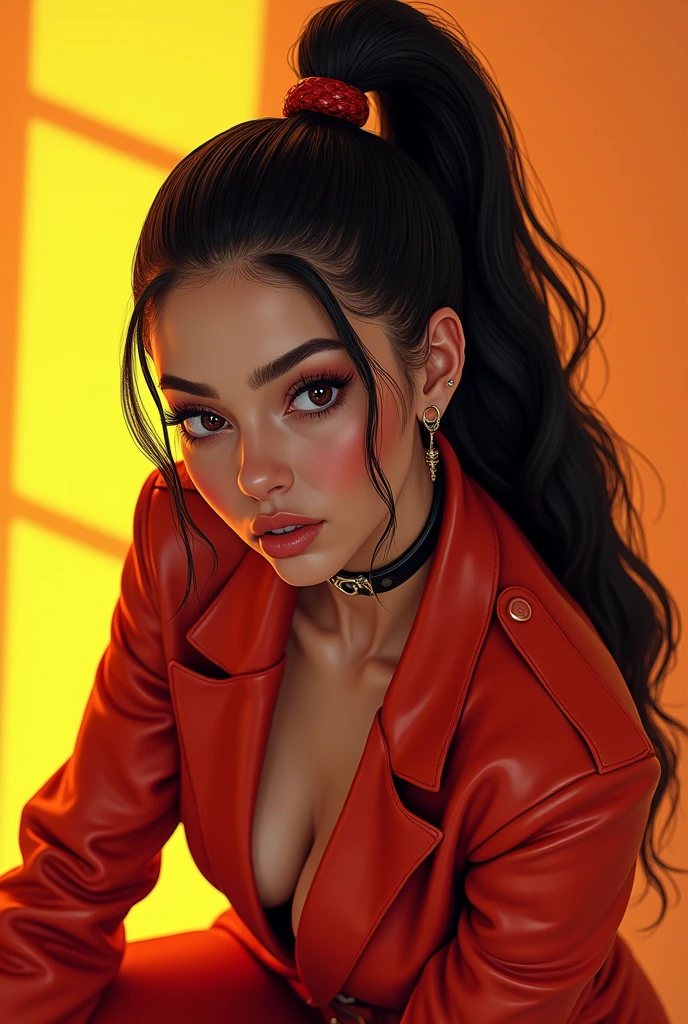 (Best Quality,4k,8k,High resolution,masterpiece:1.2),ultra detailed,(realist,photorealist,fotorrealista:1.37),1 girl,hip-hop style suit,High ponytail,incredibly long hair,cowgirl pose,looking at the viewer,Leaning forward,by Santiago Caruso,by Mike Azevedo,detailed eyes,detailed lips,extremely detailed face,long eyelashes,dynamic pose,striking,vibrant colors,warm lighting.