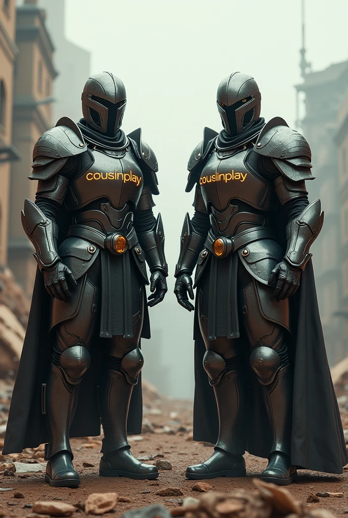 Two futuristic medieval soldiers, In an apocalyptic world, with the name cousinplay written on their armor