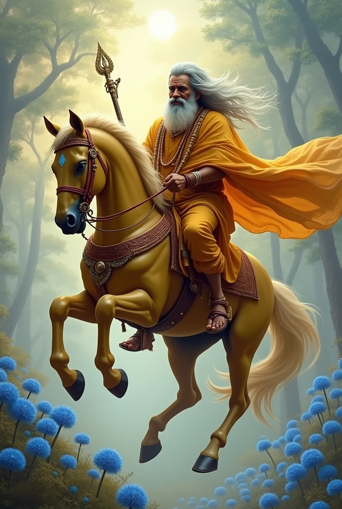 Powerful looking hefty indian sage, wearing copper coloured clothes, holding a stick on left hand and rosar in right hand, golden yellow cloak, riding a golden flying horse through gust of blue dandelions, loving smile and kind eyes, rudraksha beeds around neck,