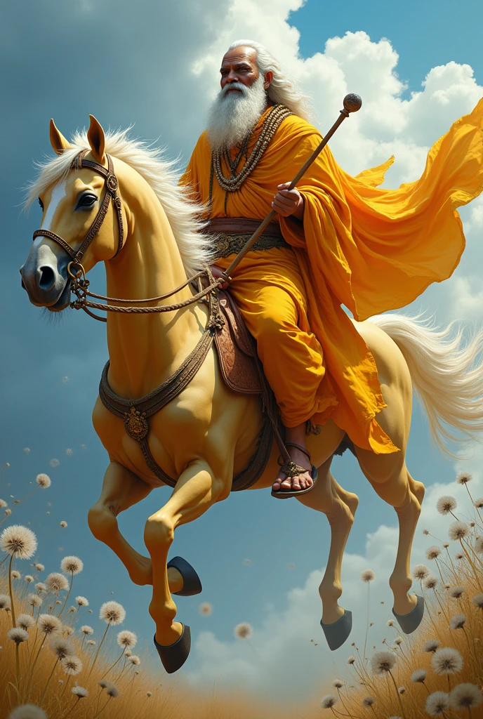Powerful looking hefty indian sage, wearing copper coloured clothes, holding a stick on left hand and rosar in right hand, golden yellow cloak, riding a golden flying horse through gust of blue dandelions, loving smile and kind eyes, rudraksha beeds around neck,