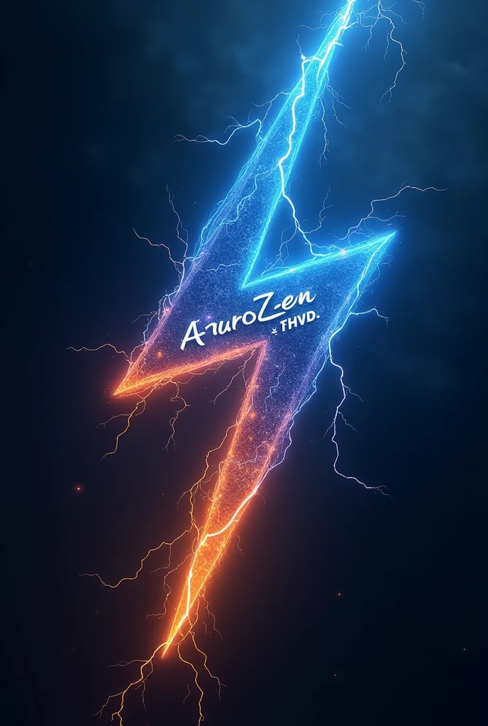 Create a 4D and 4K logo-style image with a blue and orange colored lightning bolt. The name AuroZen should be written on the lightning bolt. 