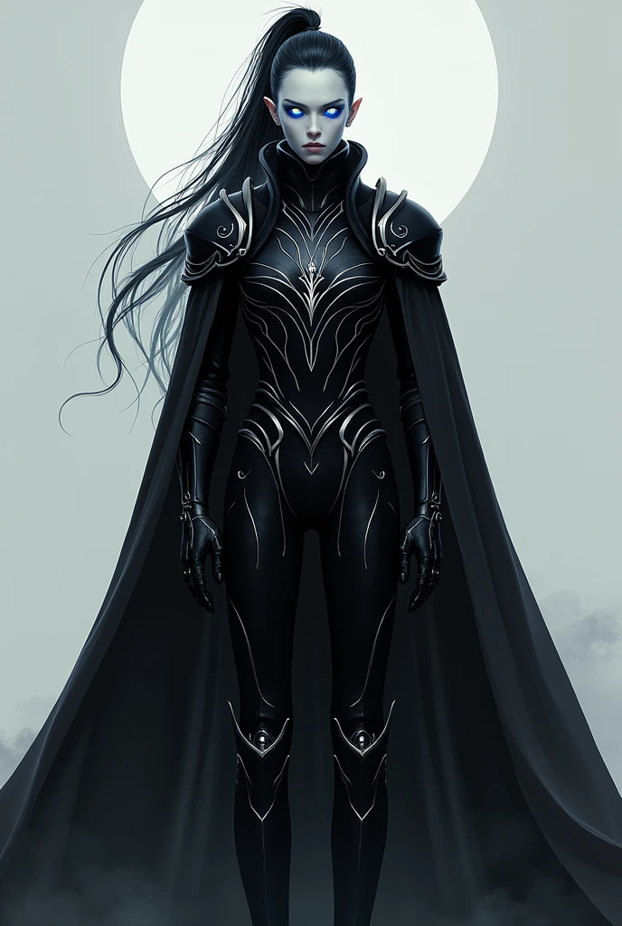 Pale man, very long black hair with blue highlights tied in a high half ponytail, White eyes with black sclera, a black armor with white details, along with a black cape.