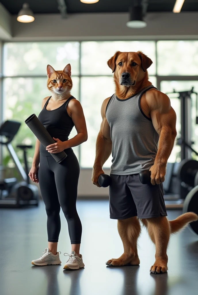 A high-quality photo of a standing cat and dog depicted as humans, with the cat being female and the dog being male. The cat is wearing tight yoga pants and a fitted tank top, while the dog is dressed in athletic shorts and a sleeveless gym shirt. They are both in a modern gym setting, surrounded by various workout equipment, with the cat holding a yoga mat and the dog lifting a dumbbell. The gym is well-lit with bright, natural light streaming in through large windows.
