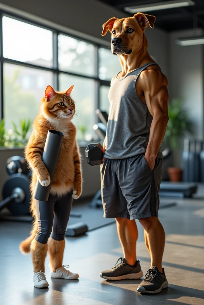 A high-quality photo of a standing cat and dog depicted as humans, with the cat being female and the dog being male. The cat is wearing tight yoga pants and a fitted tank top, while the dog is dressed in athletic shorts and a sleeveless gym shirt. They are both in a modern gym setting, surrounded by various workout equipment, with the cat holding a yoga mat and the dog lifting a dumbbell. The gym is well-lit with bright, natural light streaming in through large windows.