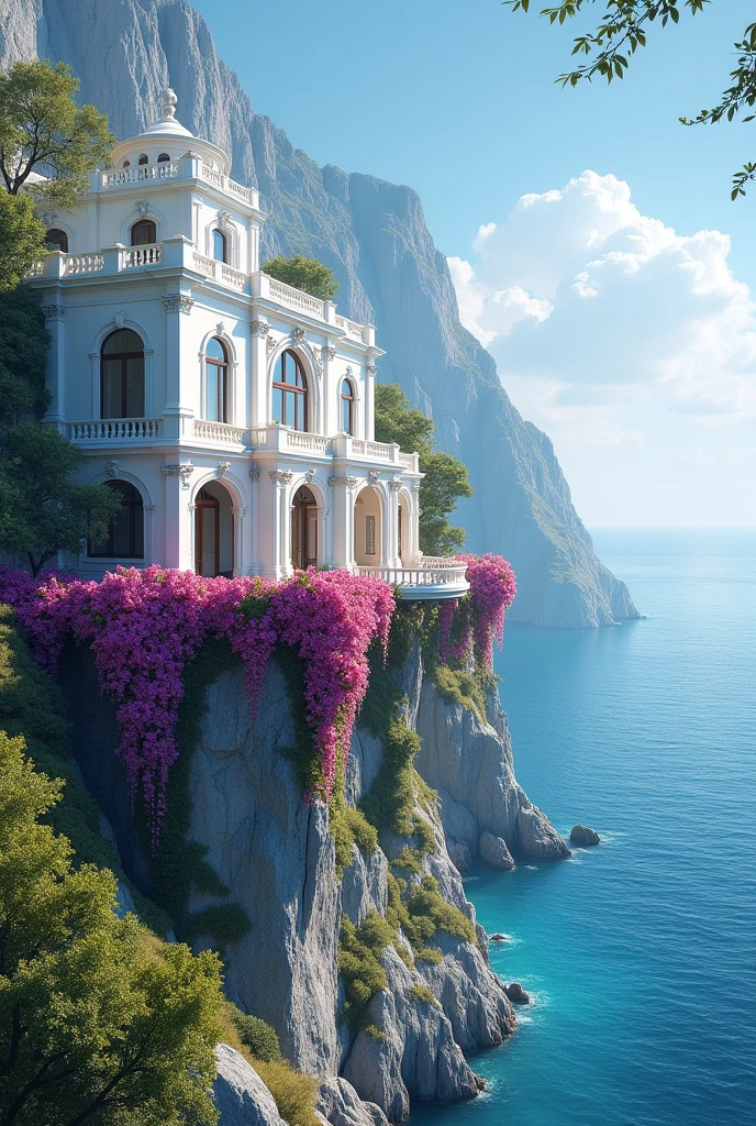 I need a white mansion with arches that also have bougainvillea arches of different colors, the mansion to be on a sea cliff where I can see it from a distant 3