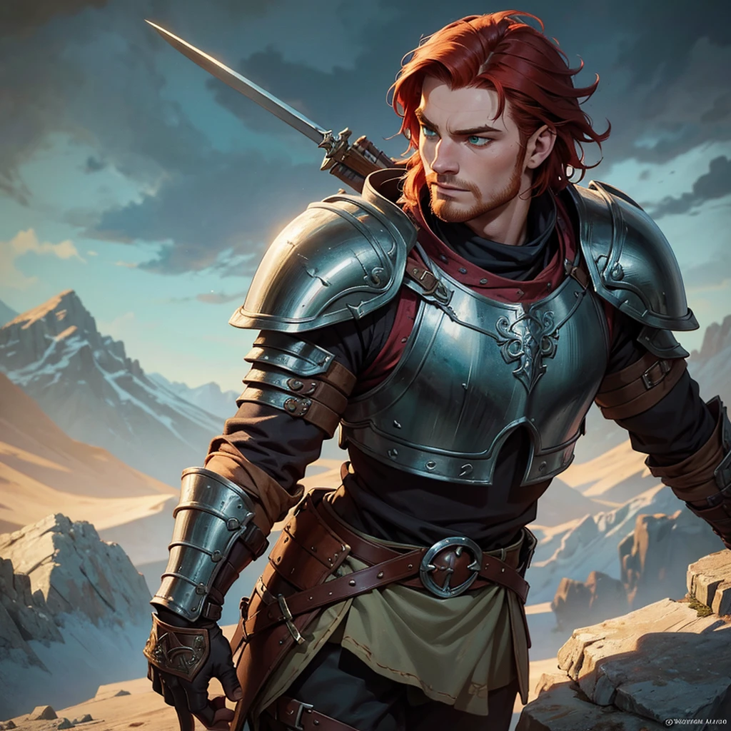 20 year old young man, redhead with viking features, full armor outfit, young and manly face, medieval fantasy, Fantasy Art, detailed fantasy digital art, estilo de Fantasy Art, fantasy style art., dark fantasy art, 4K fantasy art, epic estilo de Fantasy Art hd, detail hands, improve hand detail, focus face and enhance eyes, intense green eyes and piercing gaze