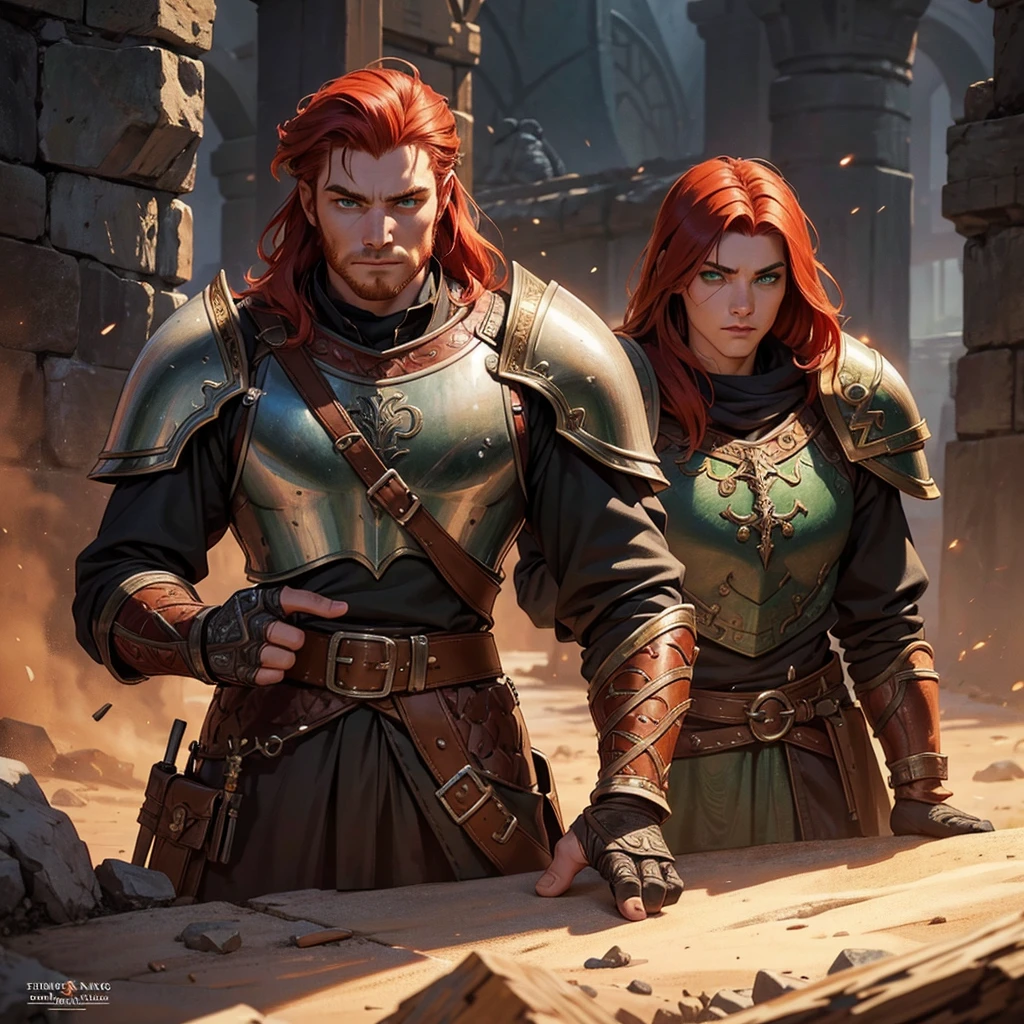20 year old young man, redhead with viking features, full armor outfit, young and manly face, medieval fantasy, Fantasy Art, detailed fantasy digital art, estilo de Fantasy Art, fantasy style art., dark fantasy art, 4K fantasy art, epic estilo de Fantasy Art hd, detail hands, improve hand detail, focus face and enhance eyes, intense green eyes and piercing gaze
