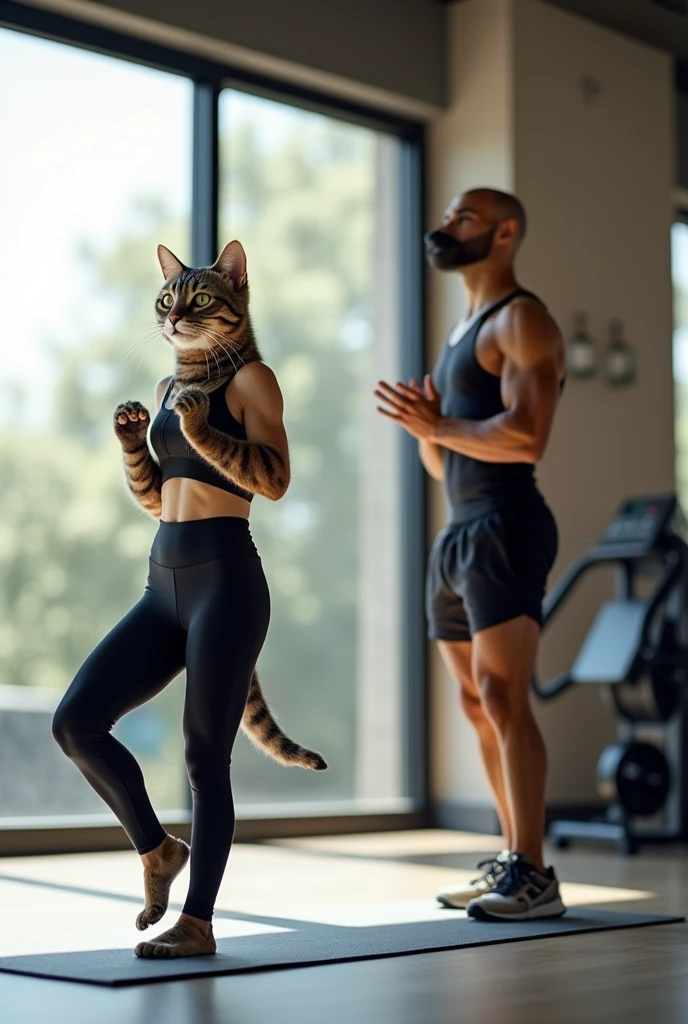 A high-quality photo of an anthropomorphic cat and dog standing upright as humans, where the cat, depicted as female, is dressed in yoga pants and a crop top, and the dog, depicted as male, is in athletic shorts and a tank top. They are in a sleek, modern gym setting, the cat is performing a yoga pose on a mat while the dog is using a weight machine. The gym has a contemporary design with large windows letting in natural light, casting soft shadows around them.
