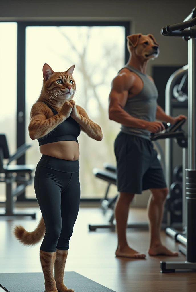 A high-quality photo of an anthropomorphic cat and dog standing upright as humans, where the cat, depicted as female, is dressed in yoga pants and a crop top, and the dog, depicted as male, is in athletic shorts and a tank top. They are in a sleek, modern gym setting, the cat is performing a yoga pose on a mat while the dog is using a weight machine. The gym has a contemporary design with large windows letting in natural light, casting soft shadows around them.
