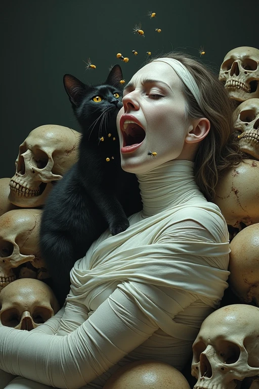 ((best qualityer)), ((work of art)), (detailded), 1 woman completely bandaged with only her eyes and mouth showing, mouth open with flies coming out, lying on a pile of skulls with a black cat next to the woman.