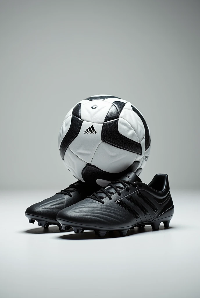 An adidas soccer ball with black predator cleats next to the ball