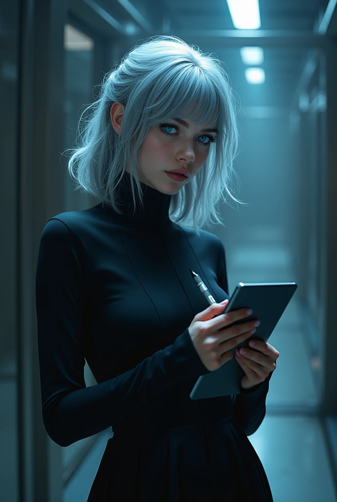 Image of a woman with a tablet and pen, light gray hair, medium length hair, blue shining eyes, Dreamy girl in cyberpunk style, In a black dress, cyber school girl, standing looking straight ahead