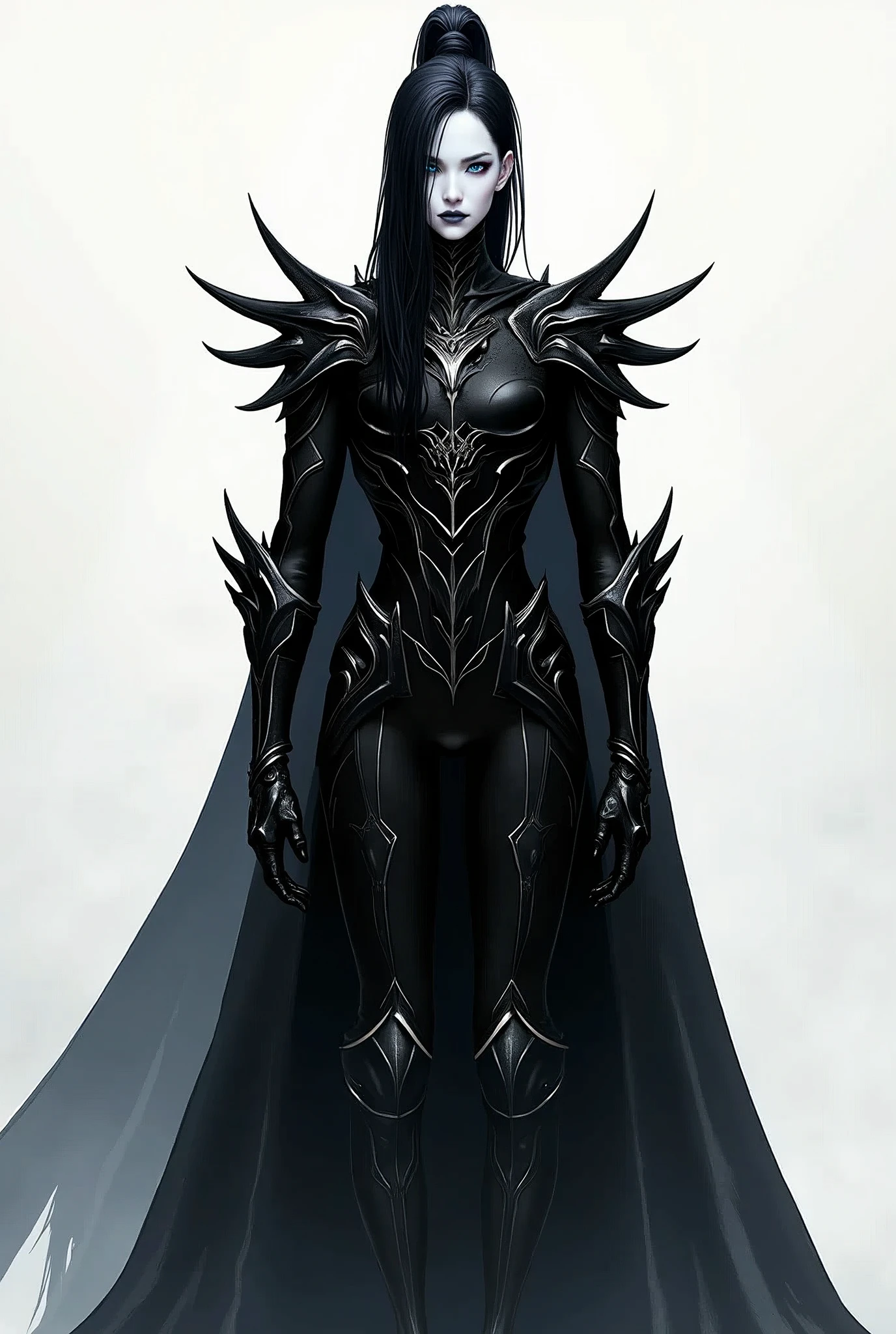 Pale man, very long black hair with blue highlights tied in a high half ponytail, White eyes with black sclera, a black armor with white details, along with a black cape. 