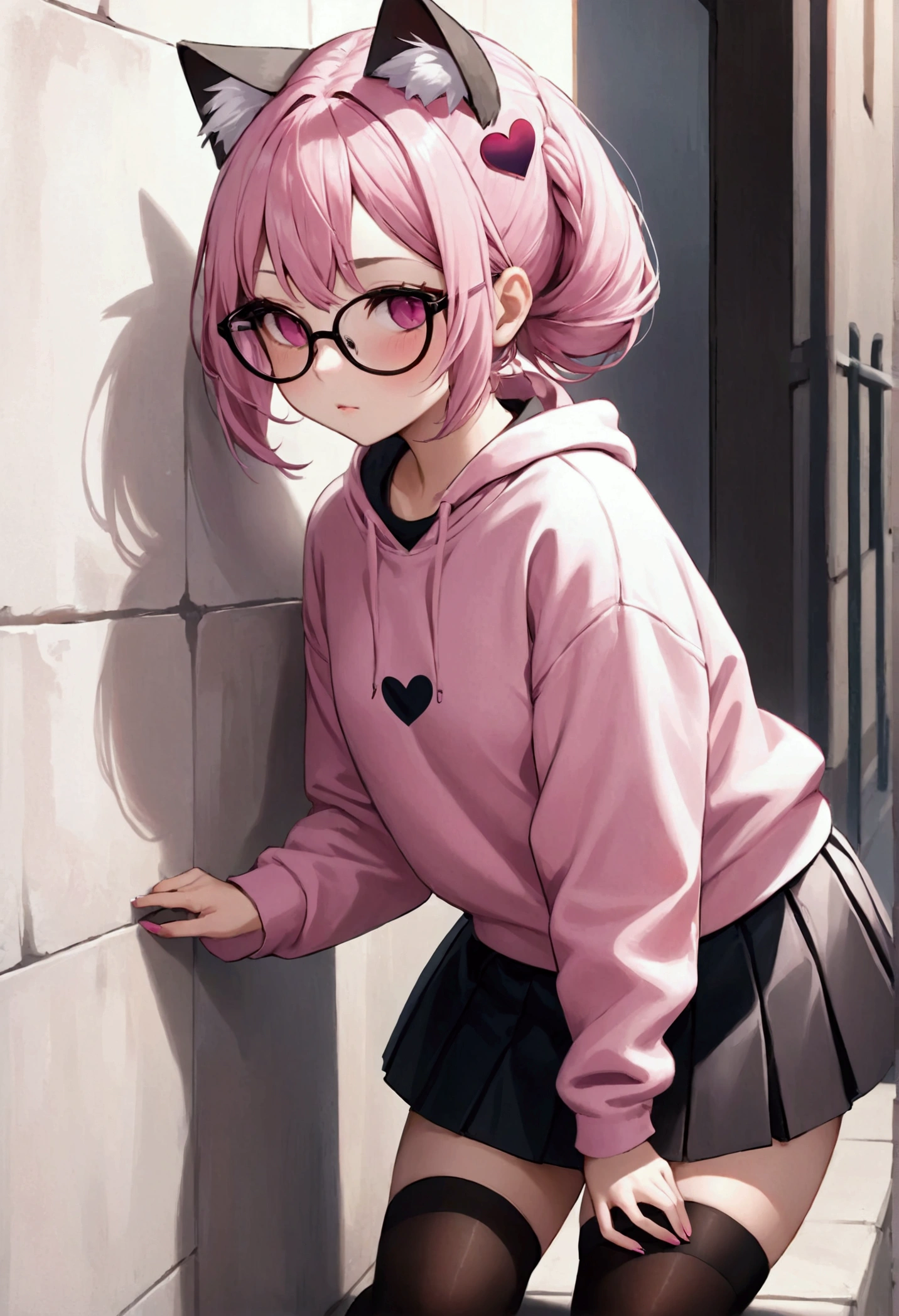 I have white pink hair, cat ears, a bun, my face is super blushing, black glasses, pink heart eyes, a big pink sweatshirt, a black skirt, black stockings, white shoes, a cat's tail, a girl. very shy that she is glued to a wall with her butt