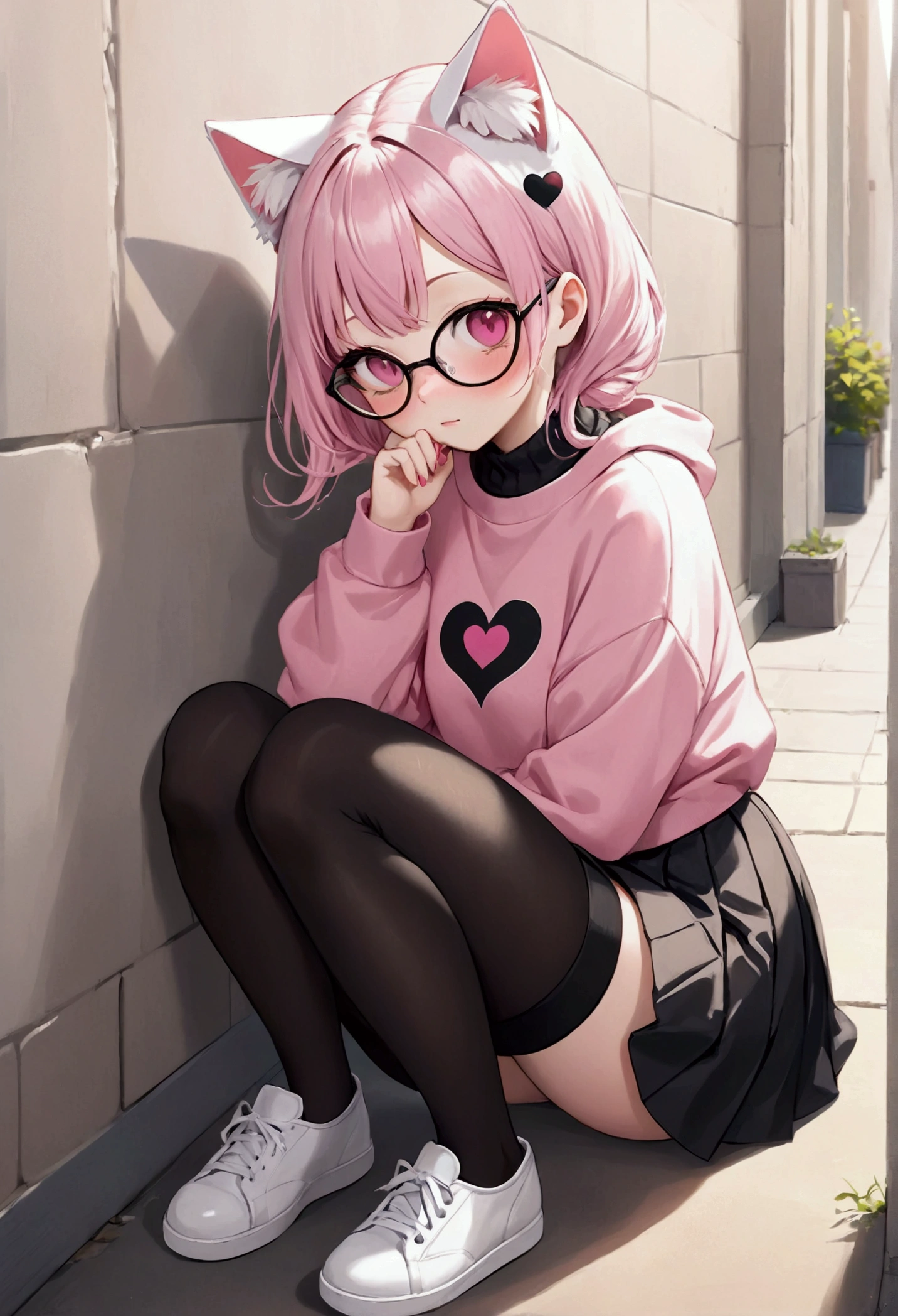 I have white pink hair, cat ears, a bun, my face is super blushing, black glasses, pink heart eyes, a big pink sweatshirt, a black skirt, black stockings, white shoes, a cat&#39;s tail, a girl. very shy that she is glued to a wall with her butt