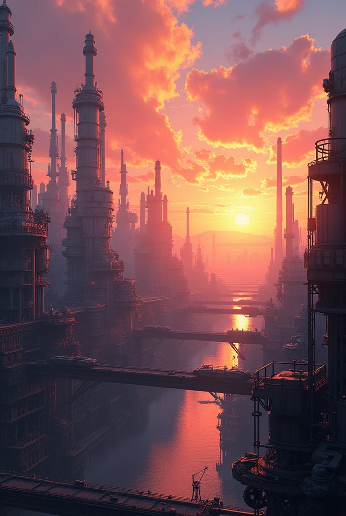 long shot: 1.3, masterpiece, ((industrial city scene with sky with sunset: 1.5)),(( machinery, metal: 1.5)), very beautiful Digital art, Digital art. very detailed and very detailed magical fantasy, colorful digital fantasy art, highly detailed Digital art, beautiful and gorgeous Digital art, very detailed digital painting, 32K