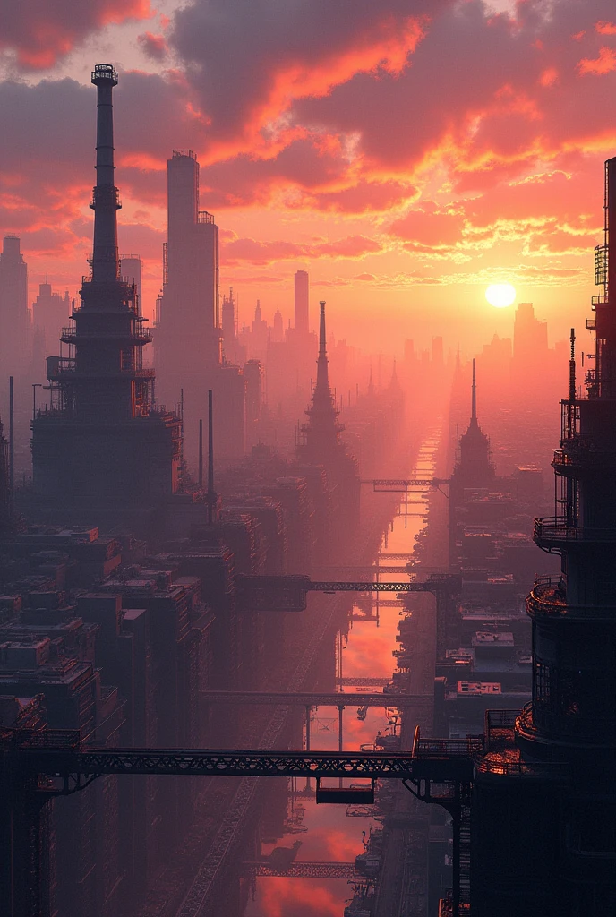 long shot: 1.3, masterpiece, ((industrial city scene with sky with sunset: 1.5)),(( machinery, metal: 1.5)), very beautiful Digital art, Digital art. very detailed and very detailed magical fantasy, colorful digital fantasy art, highly detailed Digital art, beautiful and gorgeous Digital art, very detailed digital painting, 32K