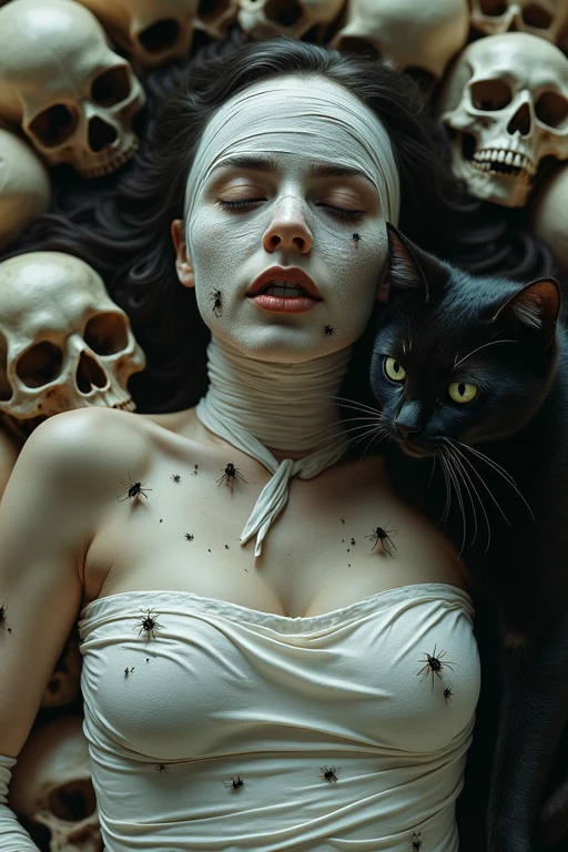 ((best qualityer)), ((work of art)), (detailded), 1 woman completely bandaged with only her eyes and mouth showing, mouth open with flies coming out, lying on a pile of skulls with a black cat next to the woman, camera from above.