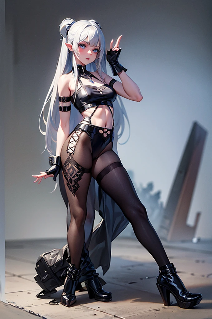 A beautiful woman with long silver hair and piercing blue eyes, dressed in grunge style clothes, full body portrait, highly detailed, concept art style, photorealistic, 8K, masterpiece ,A cheeky girl who's bothering you,nwsf18