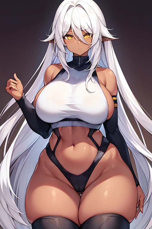 1girl, dark skin, dark-skinned female, white hair, long hair, yellow eyes, large , wide hips, thick thighs, sportswear, shy, sports bra, hourglass figure, mature , highleg, ((highleg)), thighhighs, yellow trim, hair over eyes, long bangs, ((hair over eyes)), ((long bangs)), gold trim, text, number, numbers,