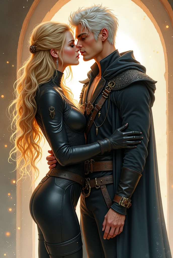 Create a realistic watercolor illustration of an intimate and subtly erotic romantic scene between a woman and a fae man. Celaena Sardothien, a tall young woman with long, wavy golden-blonde hair and striking blue eyes, is dressed in a form-fitting black leather bodysuit with reinforced sections, belts, and a dagger hanging from her waist. She wears a black hooded cloak that partially covers her head. Rowan Whitethorn, a fae man around 25 years old, tall and ethereal, has short silver-white hair, vivid green eyes, and pale skin. He is wearing a sophisticated high-collared shirt, elegant trousers, and a regal cloak adorned with silver sparkles.
In the illustration, Celaena and Rowan are depicted in a more intimate setting. They are standing close together in a softly lit, secluded space that enhances the private and sensual nature of their interaction. Rowan is gently holding Celaena by the waist, his body pressed against hers in a way that conveys deep connection and subtle desire. Their lips are almost touching, their gazes locked in a passionate and tender moment. The background should suggest a softly illuminated, cozy environment with faint hints of magical elements, such as glowing lights and ethereal textures, to create an atmosphere of elegance and subtle eroticism. Use warm and rich colors to evoke the sense of closeness and the understated intensity of their bond.