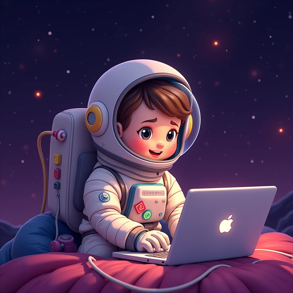 sitting front pose of a little human astronaut avatar full body of freelancer working casually on MacBook sitting in room in galaxy with purple background in galaxy