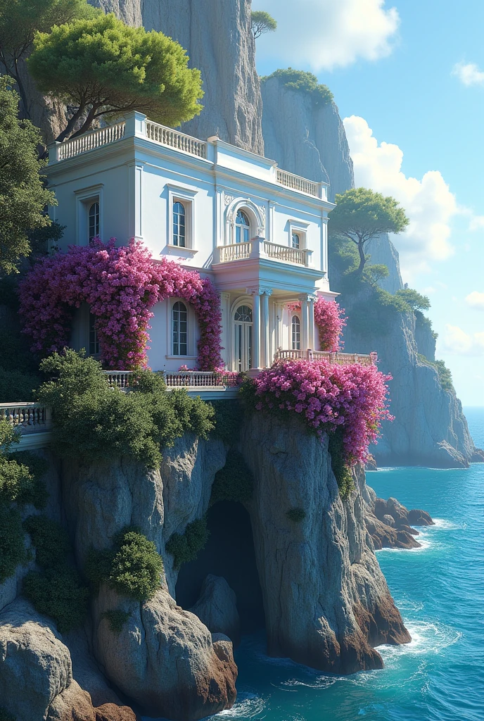 I need a white mansion, and in its arches, there should also be arches of bougainvillea in different colors. The mansion should be on a sea cliff where I can see it from a distance.