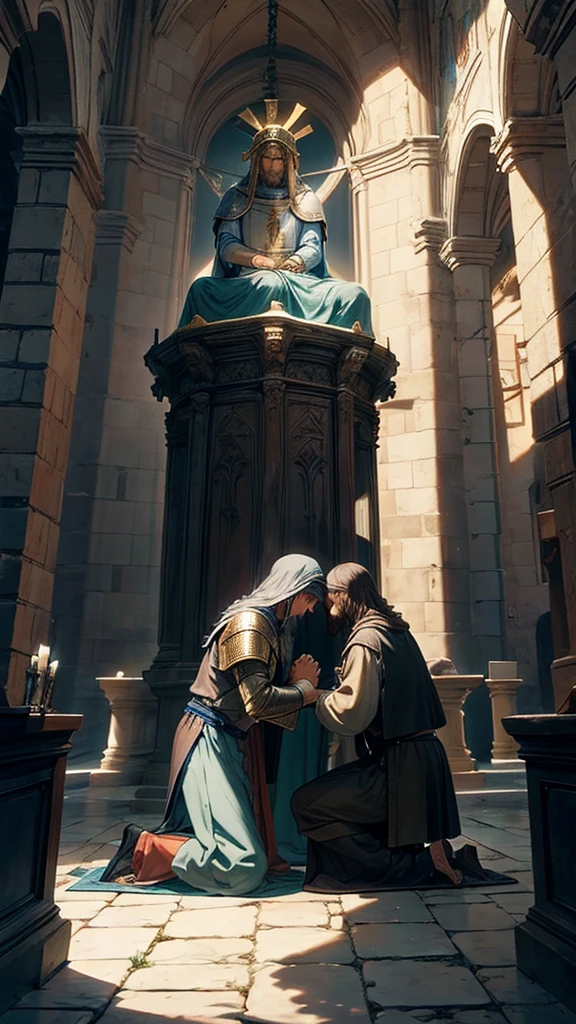 Medieval knight kneeling in prayer at the feet of Jesus Christ