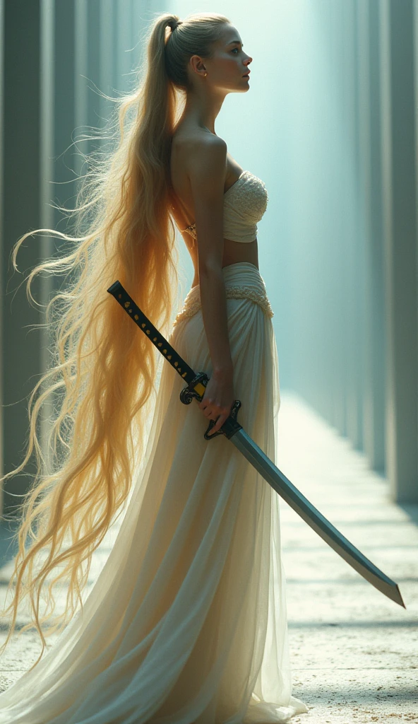 1 girl, long blonde hair, detailed face, glowing blue eyes, very long ponytail, (naked), medium breasts, elegant walk, catwalk, holding giant katana, looking to the sky