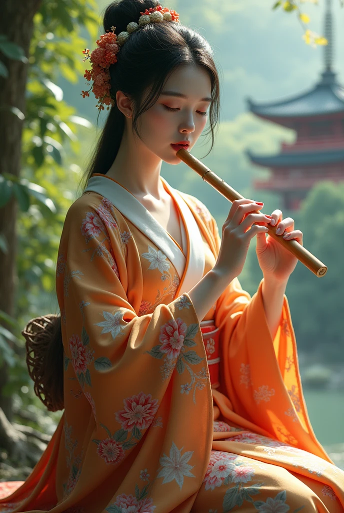 A woman playing the flute in traditional Japanese clothing