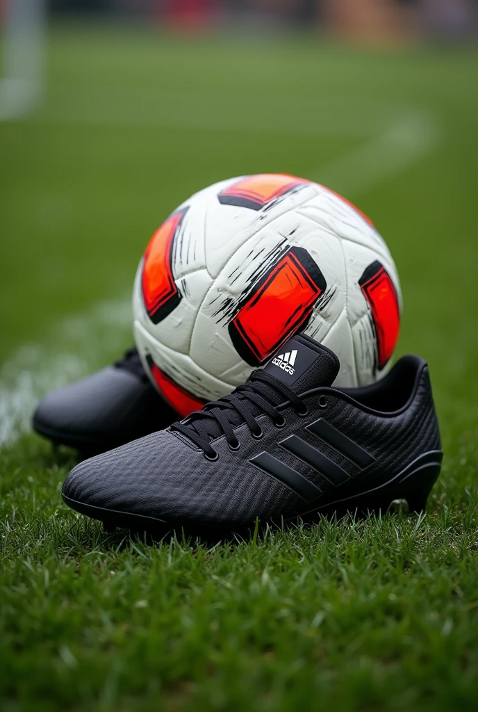 An adidas soccer ball with black predator cleats next to the ball, with a soccer pitch background