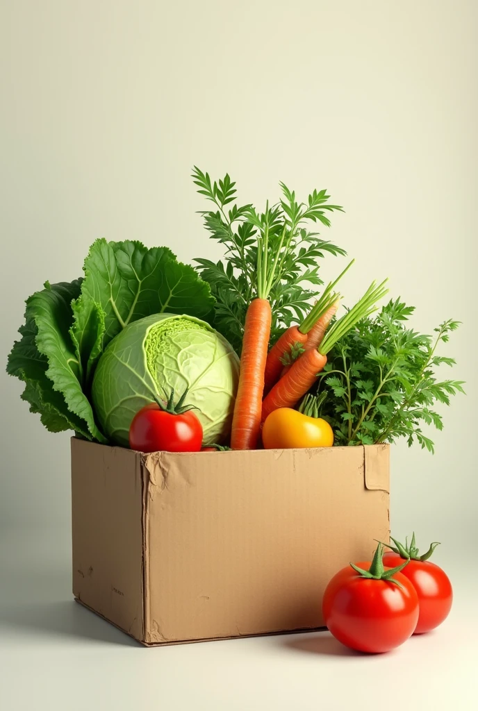 generates an image with the cardboard box containing lettuce, cabbage, coriander, carrots and tomatoes