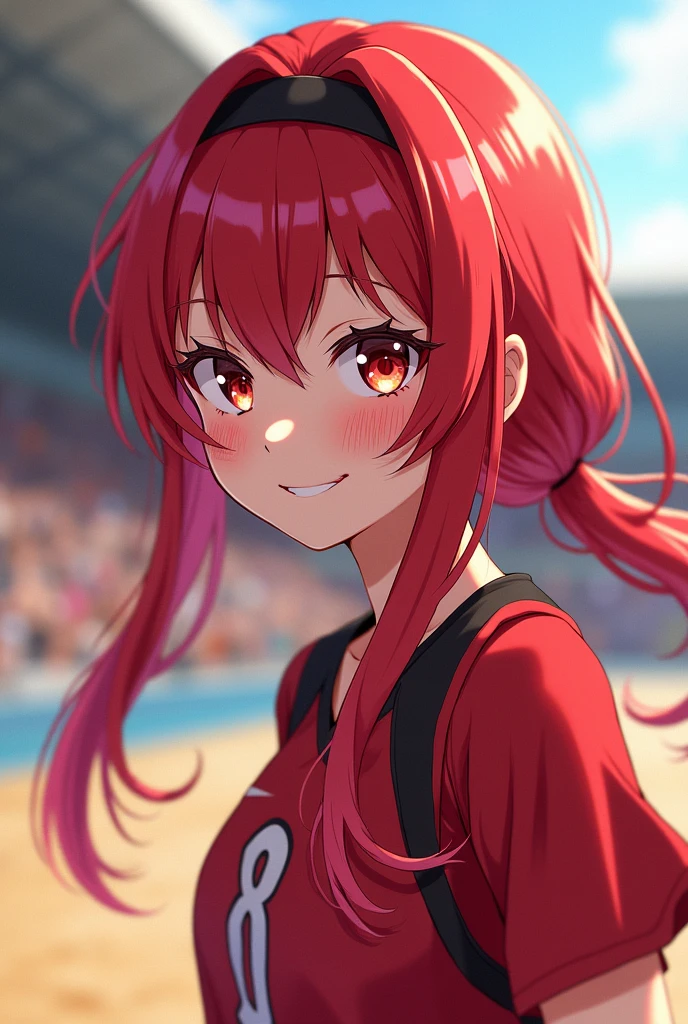 Female Haikyuu character with red hair and black bangs with cheerful eyes and porcelain skin