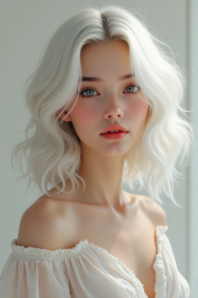 Create a full body image of a 43 year old woman with white skin, with very wavy hair and white skin