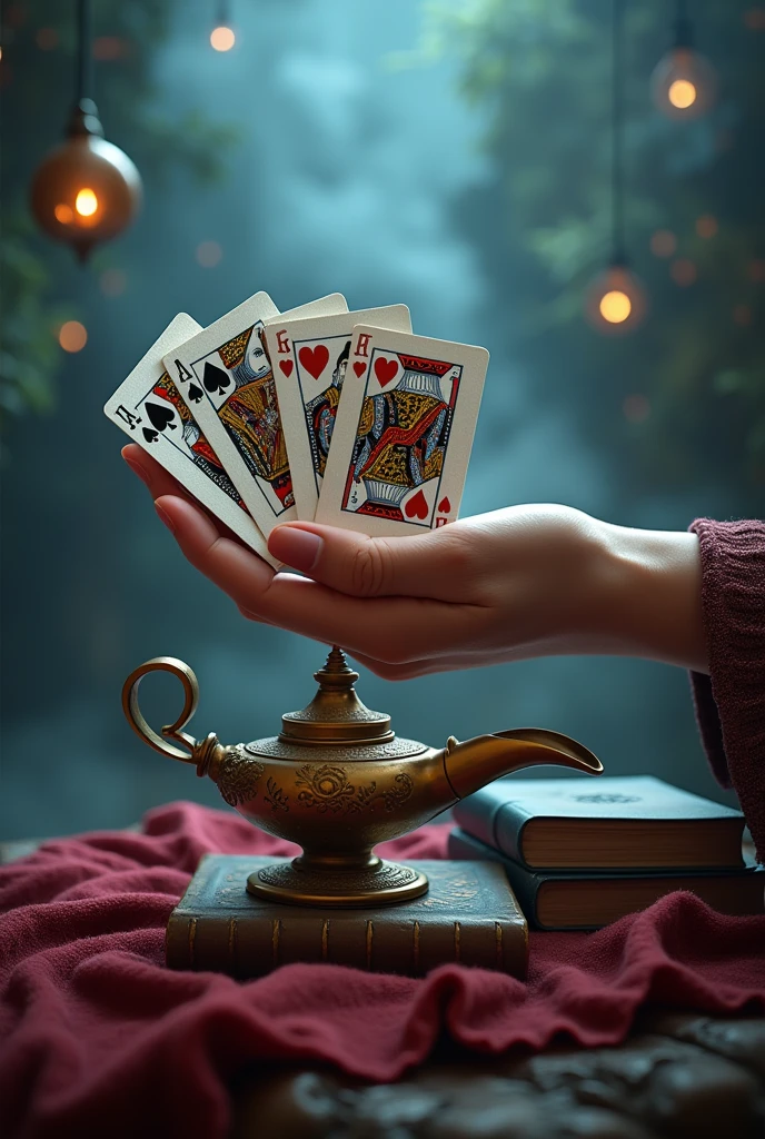 A hand holding playing cards and uno and a genie lamp with a book underneath