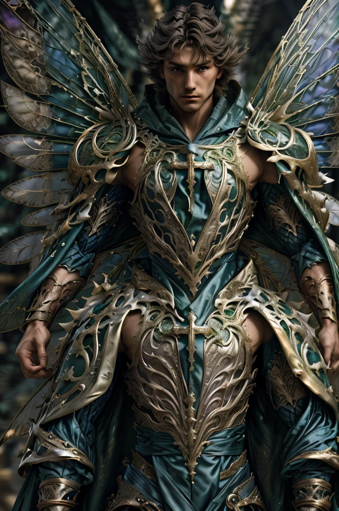 realisitic, work of art, details Intricate, detailed back ground, Depth of field, photo of a beautiful (European man)(emerald coloured eyes), fr4ctal4rmor, wearing a fractal priest's robe, (dynamic pose), ((posture of fight)), wings, Fantasy Background, film composition, sharp focus, lateral view, close up, Cross up,