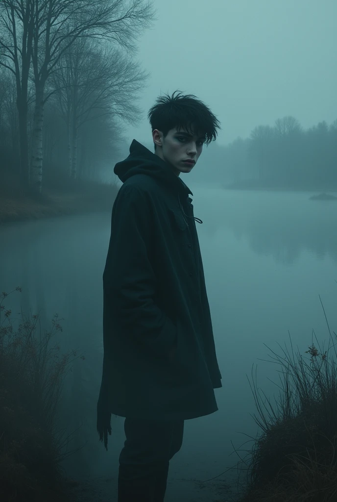 plano general, whole body, (Handsome young attractive teenager emerging from a thick fog:1.3, Strong gothic makeup) a town on the shores of the lake, a white birch forest and an apple orchard, a starry night, ((Matias_adolsson style!)), gloomy and foggy atmosphere, Surrealism, The absurdity of tenderness, Attraction and rejection of extraordinary appearance, naive magic art, primitivism, protogeno, , ((Best Quality, masterpiece)), ((more detail)), impression:1,1, 8k