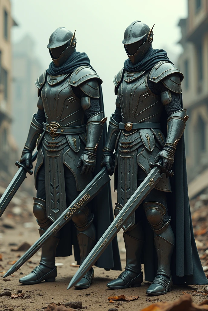 Two futuristic medieval soldiers, In an apocalyptic world, with the name cousinplay written on their swords