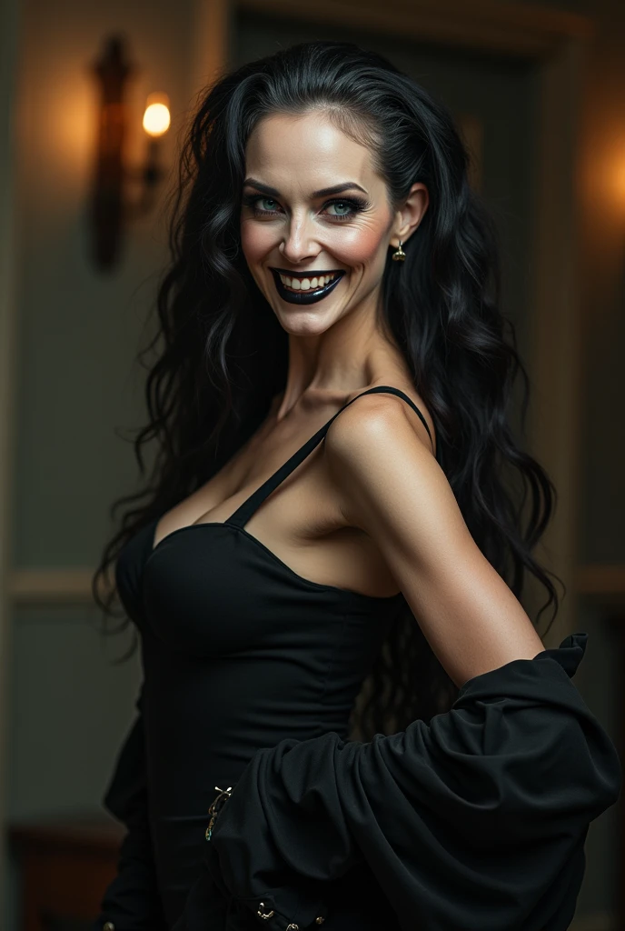 Female aged 60, try white wrinkles, pose for selfie not Instagram, black gown, smiling showing teeth, heavy makeup with long black hair and black eyes looking at the camera, detailed photo, realistic lighting, top quality real skin: 1.4, Enhanced cinematic lighting: 0.9,hyperrealisti: 1.4, (soft lighting: 1.05) moving figure, sexy dominant po domi, mistress, BDS