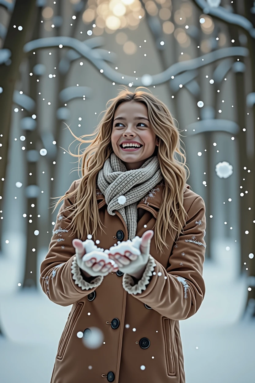 "In a snow-covered forest in winter, a moment when a young and beautiful woman is playing snowballs in a thick coat. A detailed photo of natural light filtering through the trees with sparkles on the snow."