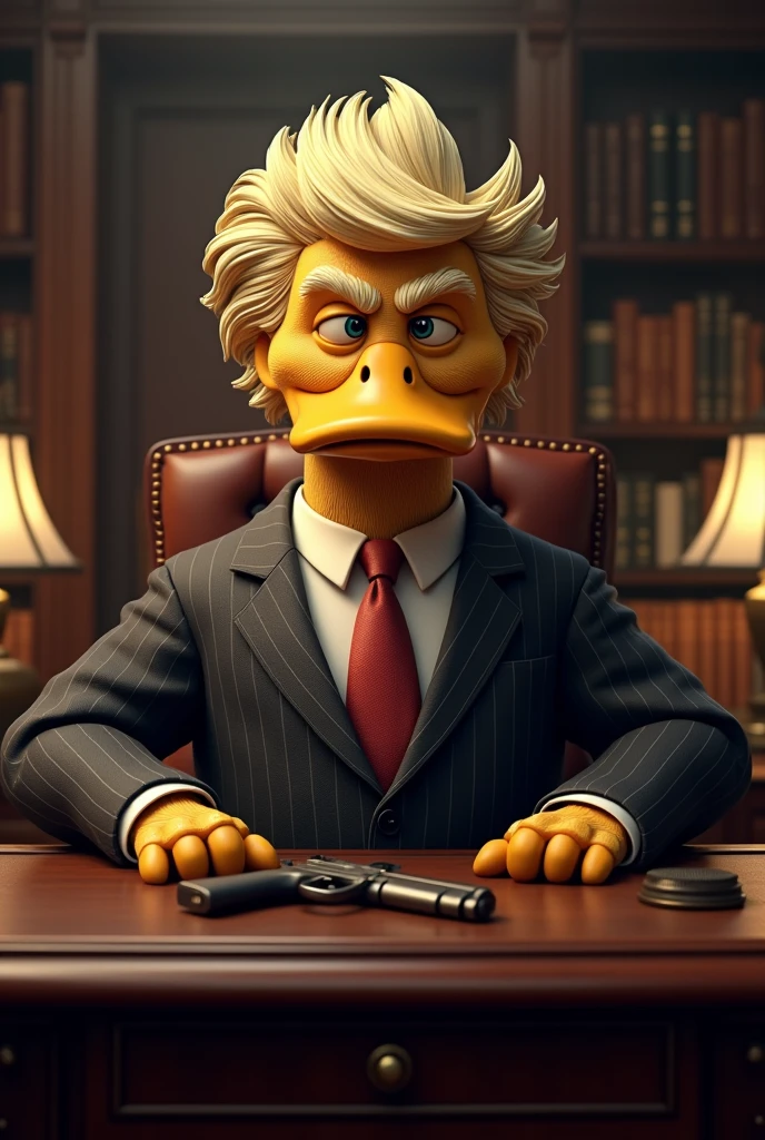 Mafia duck with hair of donald trump, sitting in office, gun on the table