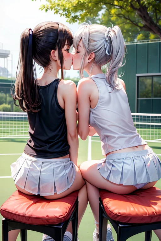 Two girls kiss while sitting on barstool cushion, tennis-wear, skirt, white panties