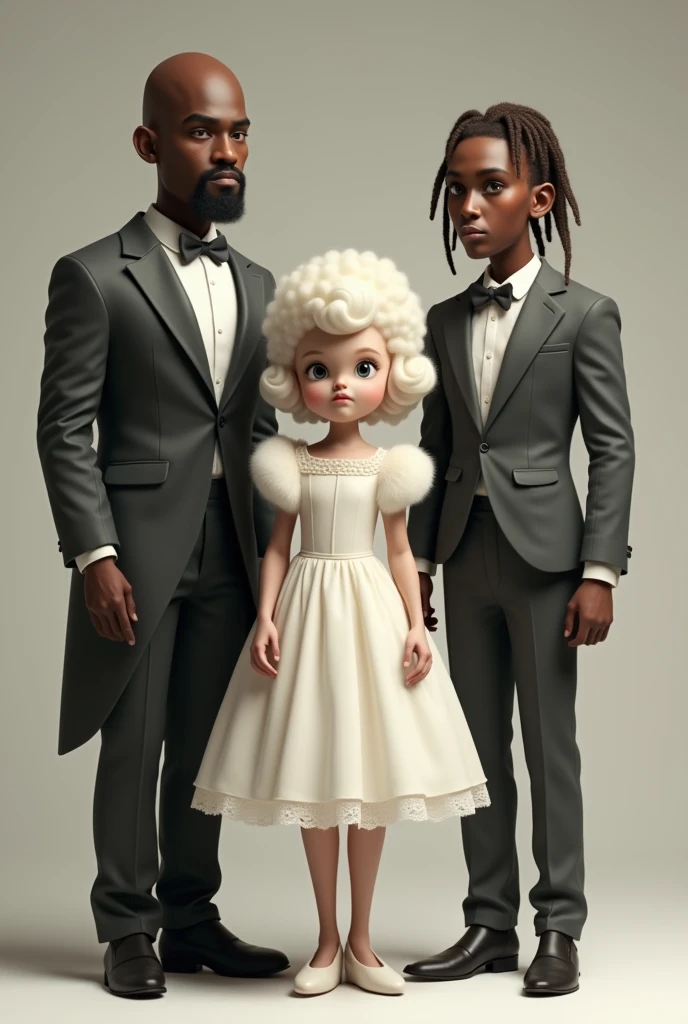 White Shirley Temple with black fat bald bodyguard and black skinny, rastafari bodyguard.