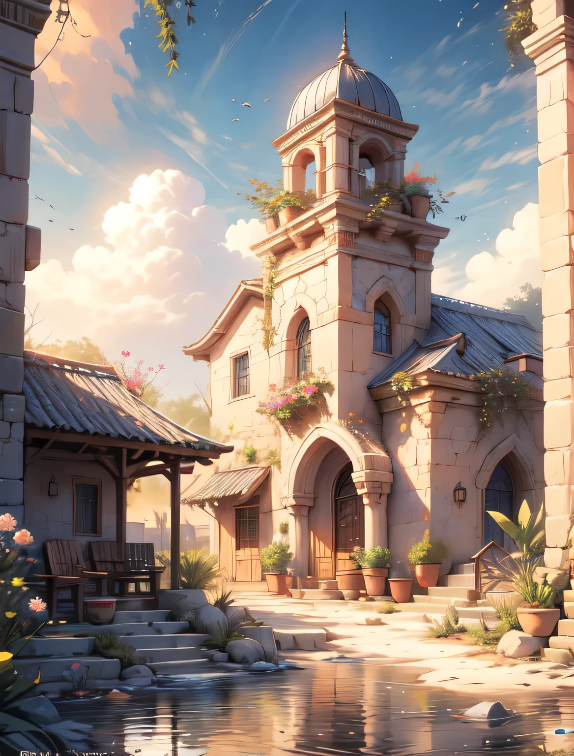 painting of a desert with a beautiful oasis, beduin camp,flowers, beautiful art uhd 4 k, a beautiful artwork illustration, beautiful digital painting, highly detailed digital painting, beautiful digital artwork, a bustling magical town, mediterranean fisher village, mediterranean city, detailed painting 4 k, ancient mediterranean village, very detailed digital painting, rich picturesque colors, gorgeous digital painting