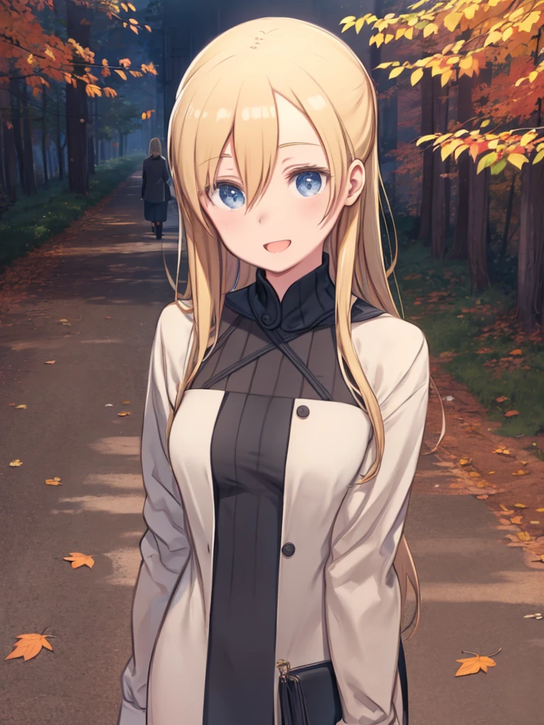 One busty woman with mature, long blond hair wearing a turtleneck sweater、1 male,Fresh face,I am happy to walk with you.、Two people walking hand-in-hand on a dirt road、See each other、smile、Open your mouth a little、Autumn scenery、fantasy country town、Upper Body、Unpaved road、
