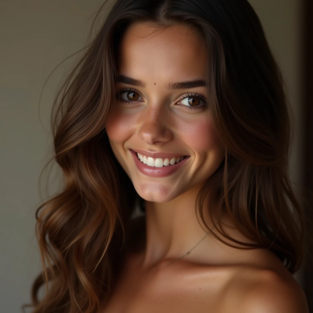 20 year old sexy nude girl with long brown hair, open mouth smiling, brown eyes