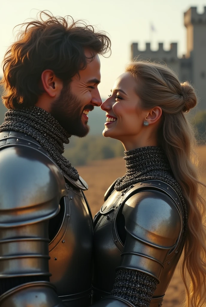 (((Medium shot))), couple, (a man and a woman), two individuals, outside the castle, jousting, playful, playful, sweet, happy, smile, armor, chain mail, armor, happy, pretty eyes, playful, surrealism, pov, romanticism, cinematic lighting, 8K, UHD, masterpiece, ccurate, anatomically correct, textured skin, high detail, high quality, high resolution, award-winning, best quality, 16K, bad body, bad hands, bad legs.